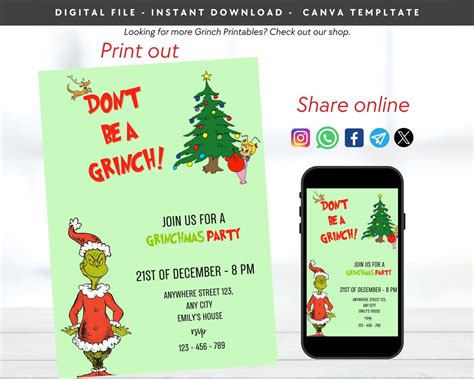 Editable Grinch Party Invitation Merry Grinchmas Invitation Etsy