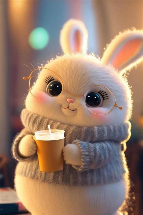 A White Bunny Holding A Cup Of Coffee