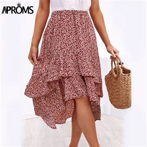 Aproms Elegant Red Dot Print High Low Ruffle Skirt Women Elastic High