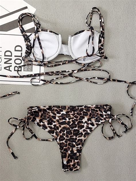 Emmiol Free Shipping Strappy Tie Leopard Underwire Bikini Set