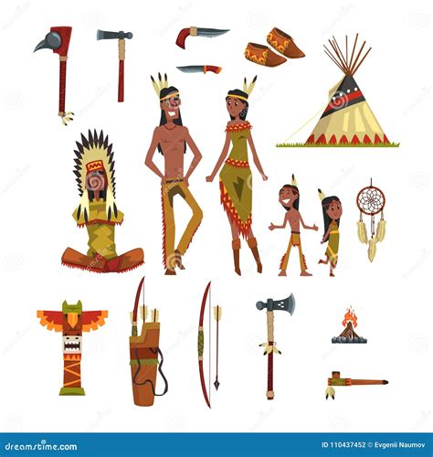 Native American Indians And Traditional Clothes Set Weapons And Cultural Symbols Vector