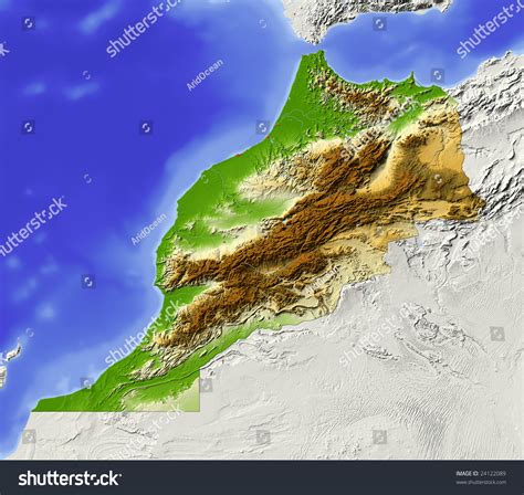 Morocco Shaded Relief Map Surrounding Territory Greyed Out Colored