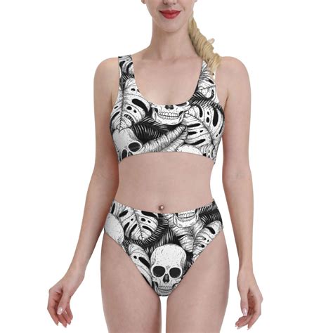 Lukts Women High Waisted Bikini Set Skull And Palm Leaves Swimsuit