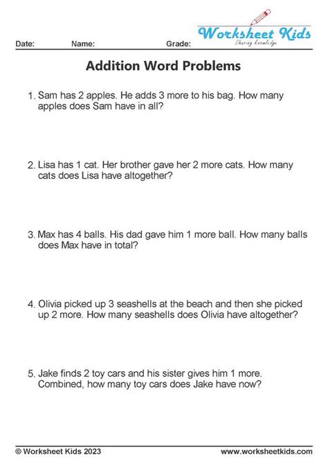 Addition Word Problems Worksheets For 1st And 2nd Graders Free