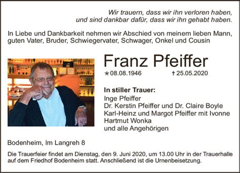 Traueranzeigen Von Franz Pfeiffer Vrm Trauer De