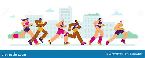 Marathon Sport Race Background With Running People Flat Vector