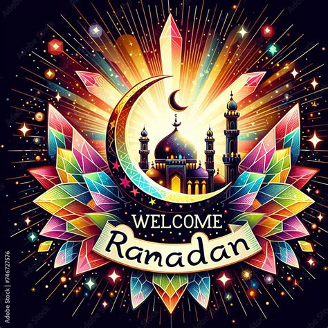 Welcome Ramadan Design With Glowing Mosque And Prismatic Background