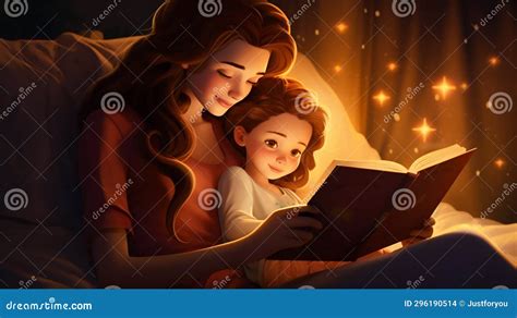 Bedtime Stories Young Mother Reading To Her Daughter In Bed