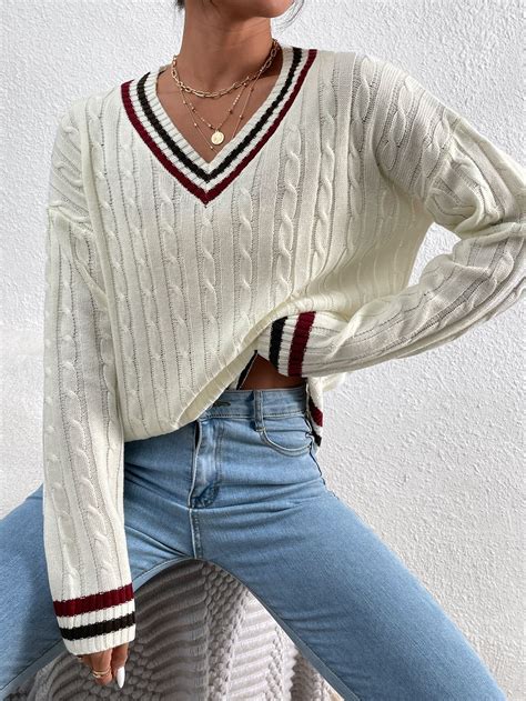 Contrast Binding Cable Knit Jumper Cable Knit Sweater Womens Cable