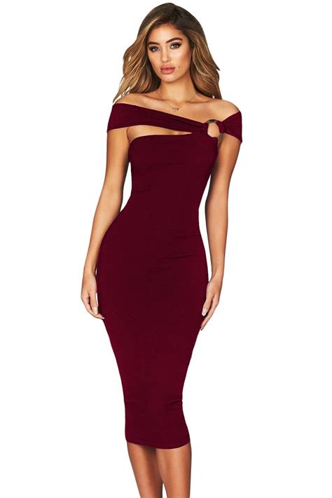 Burgundy Elegant Off Shoulder Bodycon Midi Dress Elegant Midi Dresses