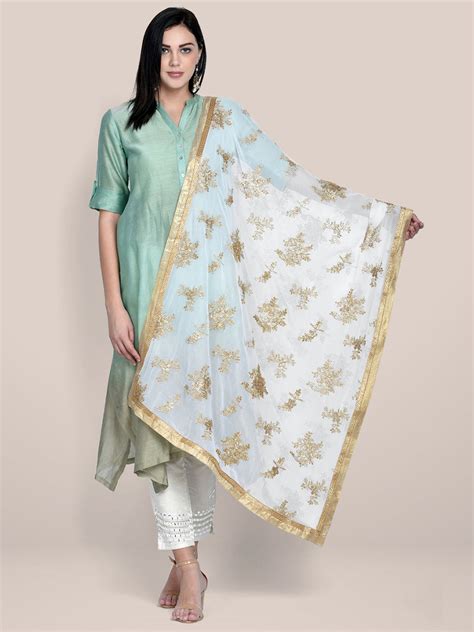 Embroidered White And Gold Georgette Dupatta Dupatta Bazaar