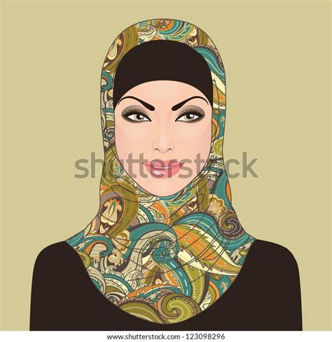 Portrait Of Muslim Beautiful Girl In Patterned Hijab Vector Illustration