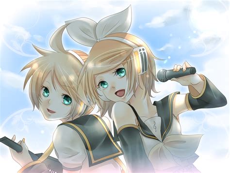 Aqua Eyes Blonde Hair Instrument Kagamine Len Kagamine Rin Male Short