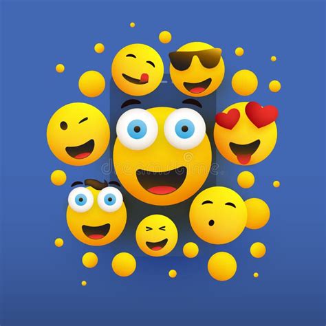 Various Smiling Happy Yellow Emoticons On Blue Background Vector