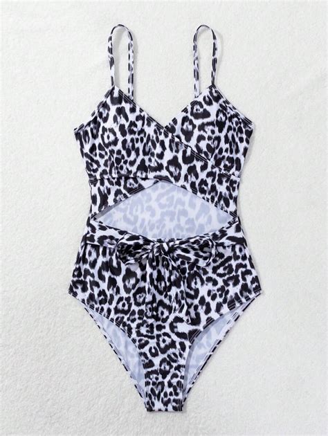 SHEIN Swim Basics Women Leopard Print Hollow Out Cut Tie Back One Piece