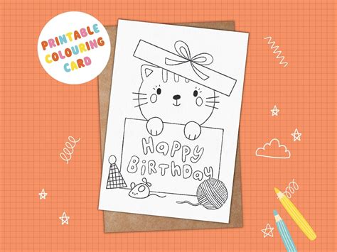 PRINTABLE Kitten Birthday Card for Kids INSTANT DOWNLOAD Cute Colouring ...