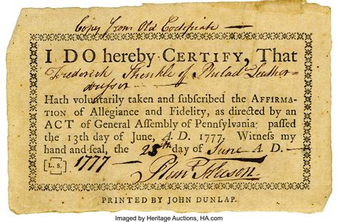 Revolutionary War Loyalty Oath Printed By John Dunlap Military