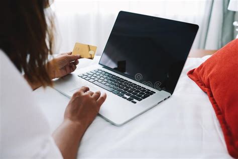 Faceless Woman Using Laptop On Bed Stock Image Image Of Barefoot