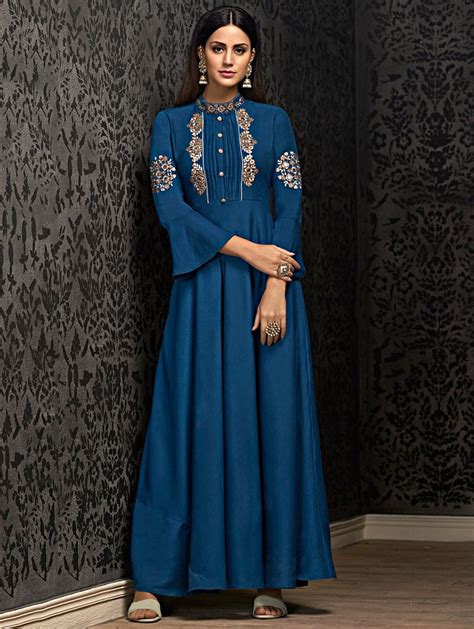 Prussian Blue Muslin Embroidered Long Kurti With Bell Sleeves