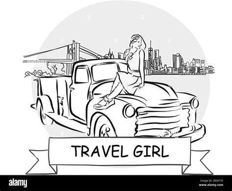 Travel Girl Cityscape Vector Sign Line Art Illustration With Ribbon And Title Stock Vector