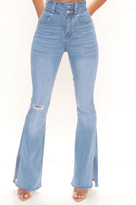 Thats Hot Sculpting Split Hem Flare Jeans Light Blue Wash Fashion Nova Jeans Fashion Nova