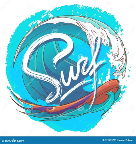 Surfing Logo With Stylised Handwritten Sign And Colourful Ocean Wave