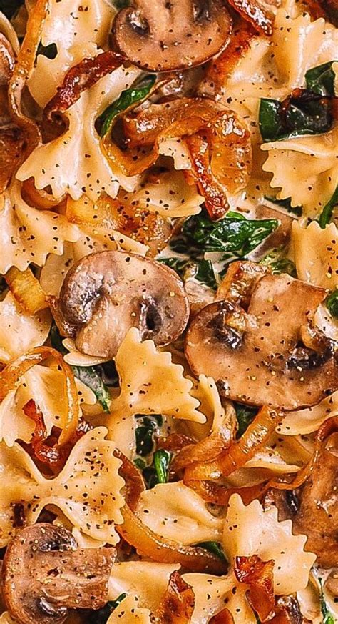 Creamy Bow Tie Pasta With Spinach Mushrooms Caramelized Onions