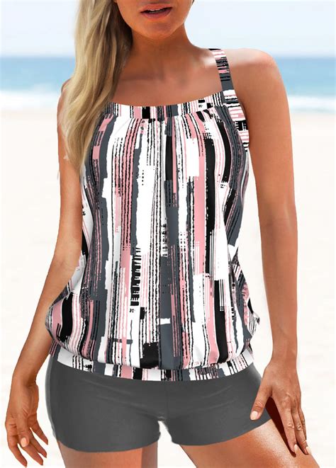 Geometric Print Criss Cross Grey Tankini Top Rosewe Usd