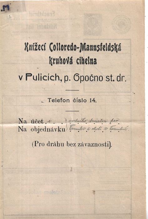 Nákladní list 1915 cihelna Colloredo Mansfelda Pulice do Výraně