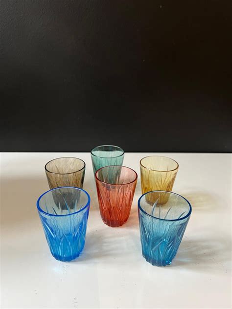 Set Of Six Mouth Blown Hand Carved Multi Color Shot Glasses For Sale At 1stdibs