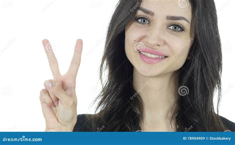 Beautiful Brunette Woman Showing Victory Sign White Background Stock