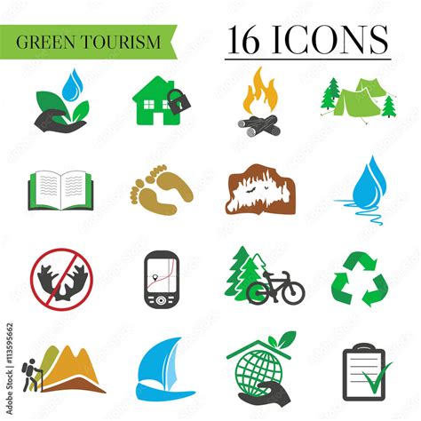 Vector Icons Set Of Green Tourism Recreation Outdoor And Camping