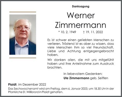 Traueranzeigen Von Werner Zimmermann Rz Trauer De