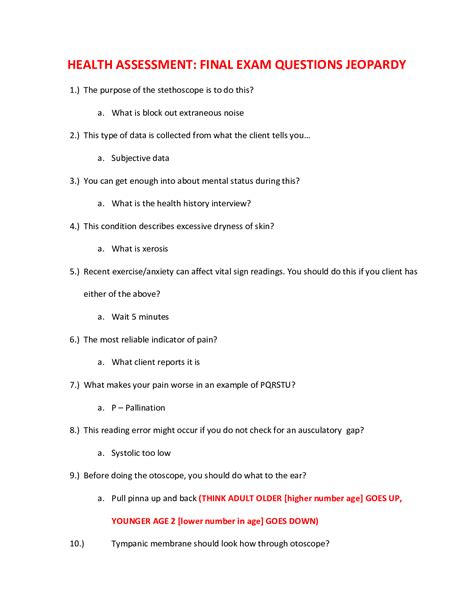 Health Assessment Final Exam QUESTIONS Browsegrades