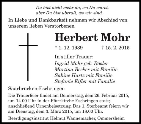 Traueranzeigen Von Herbert Mohr Saarbruecker Zeitung Trauer De