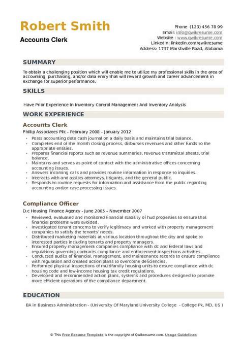 Accounts Clerk Resume Samples Qwikresume