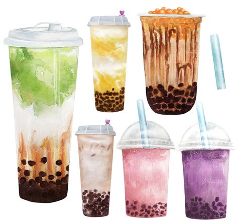 Boba Milk Tea Clip Art Elements Watercolor Art Bubble Tea Etsy Uk