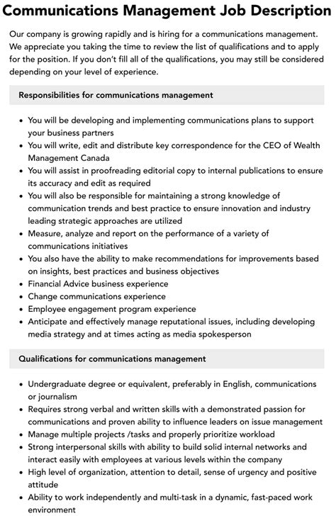 Communications Management Job Description Velvet Jobs