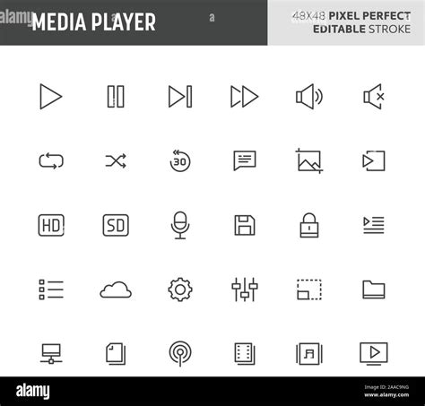 30 Thin Line Icons Associated With Media Player With Various Button