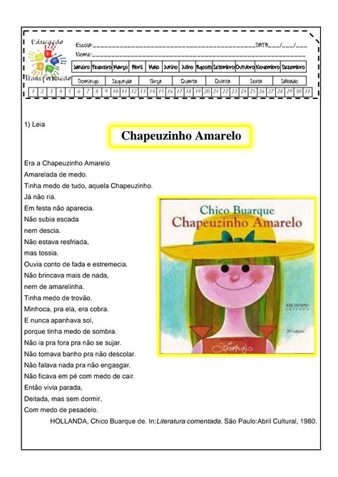 Atividades Chapeuzinho Amarelo Chico Buarque Atividade Referente Ao