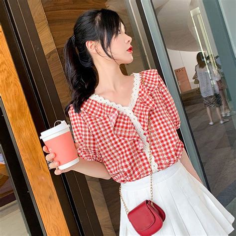 Summer Fall Women Korea Sweet Red Plaid Shirts Short Sleeve Lace Chiffon Shirt Ruffles Casual V