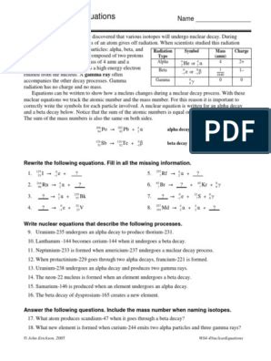 Writing Nuclear Equations Name Chem Worksheet 4 4 PDF