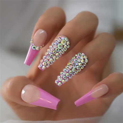 Rhinestones Nail Press Ons Extra Long Coffin D Designed Fake Nails Jewel Luxury Rosy Nude