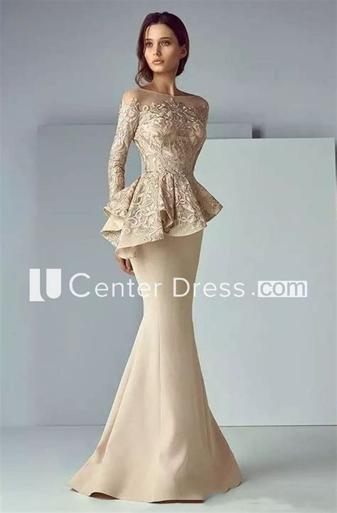 Long Sleeve Mermaid Bateau Floor Length Satin Lace Mother Of The Bride