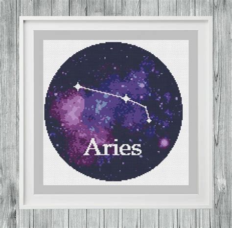 A Cross Stitch Pattern With The Zodiac Sign Aris In Purple And Blue