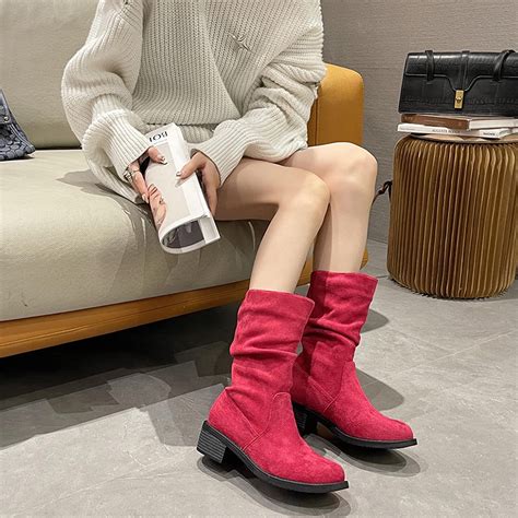 Fitoron Women S Mid Calf Boots Suede Slouch Boots Block Heel Winter Cowgirl Boots Christmas T