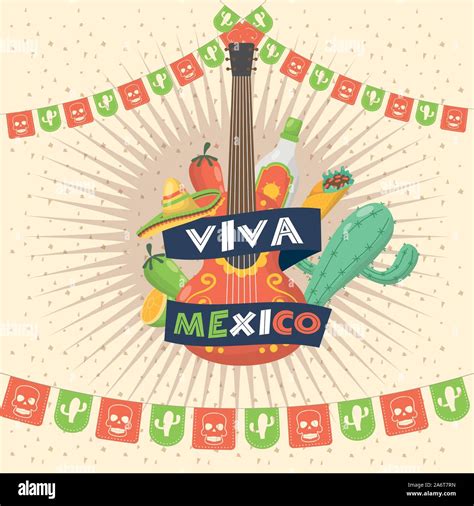 Viva Mexico Celebration With Guitar And Icons Stock Vector Image And Art