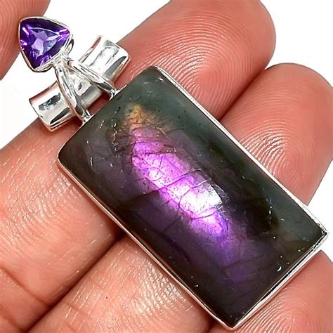 Pendentif Protection Labradorite Violet Am Thyste Monture Argent