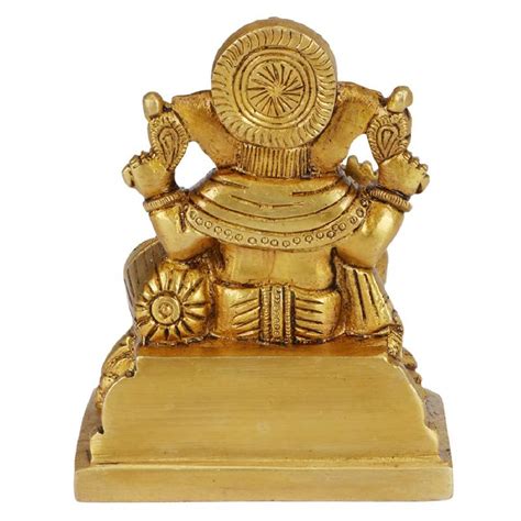 Lord Ganesha Sitting On Carved Singhasan With Mooshak At Left Leg Brass