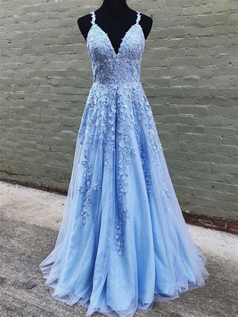 A Line V Neck Light Blue Lace Prom Dresses V Neck Light Blue Lace For